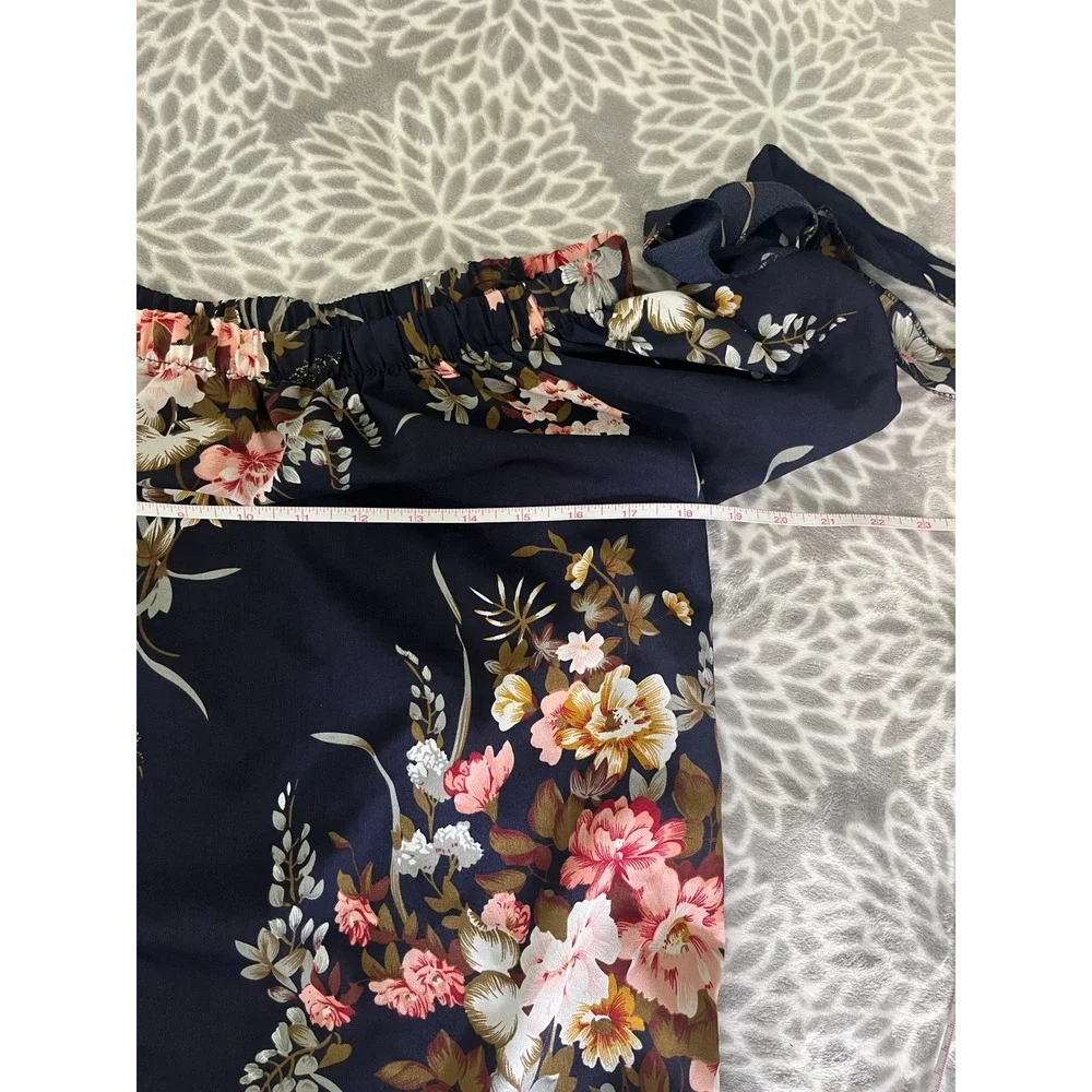 Navy Blue Floral Off the Shoulder Mini Dress Small Tie Sleeve Boho Chic Summer - Picture 3 of 7